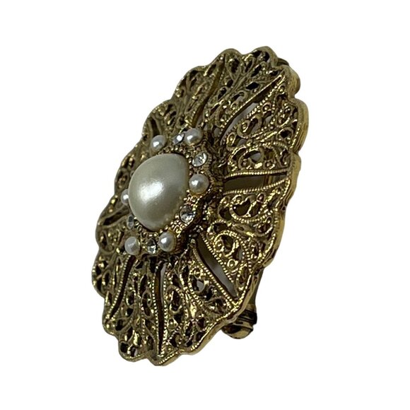 Vintage Brooch Faux Pearls and Rhinstones Gold Tone Round Pin - Picture 5 of 8